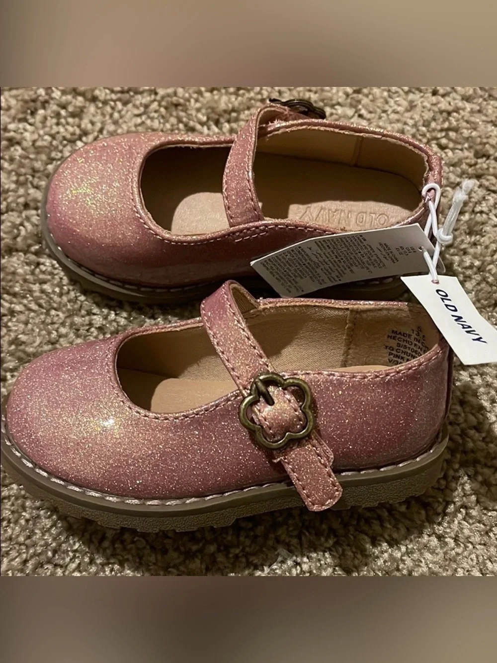Old Navy Glittery Pink Mary Jane Shoes with Flower Buckle